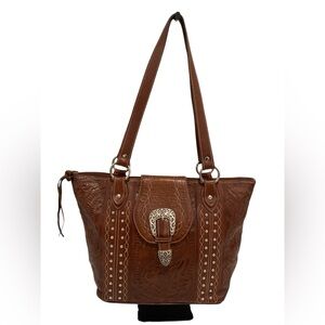 American West Hand Tooled Genuine Leather Shoulder Bag Tote - Like New